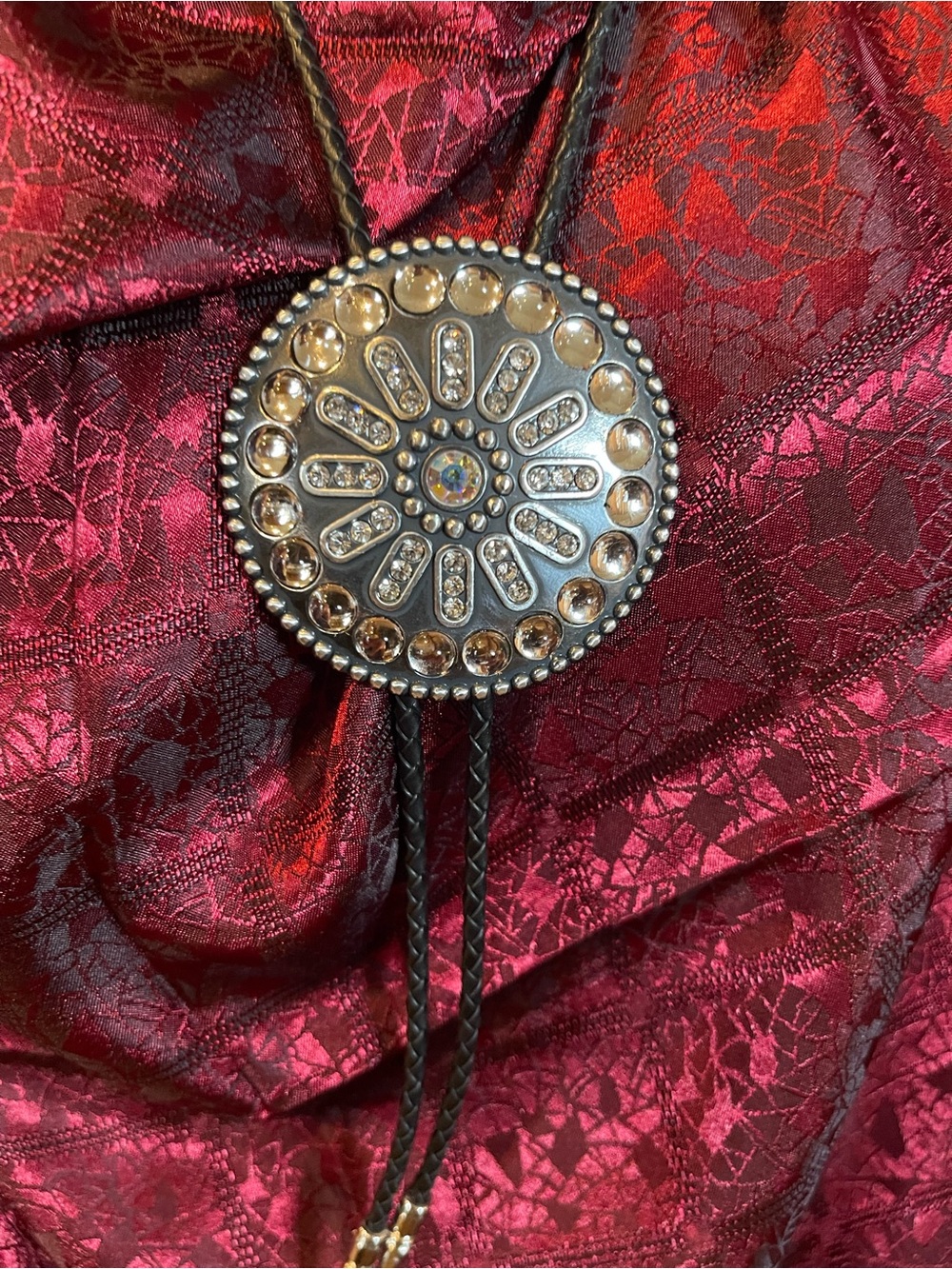 Western Silver Concho Bolo Tie Necklace - Black Cord